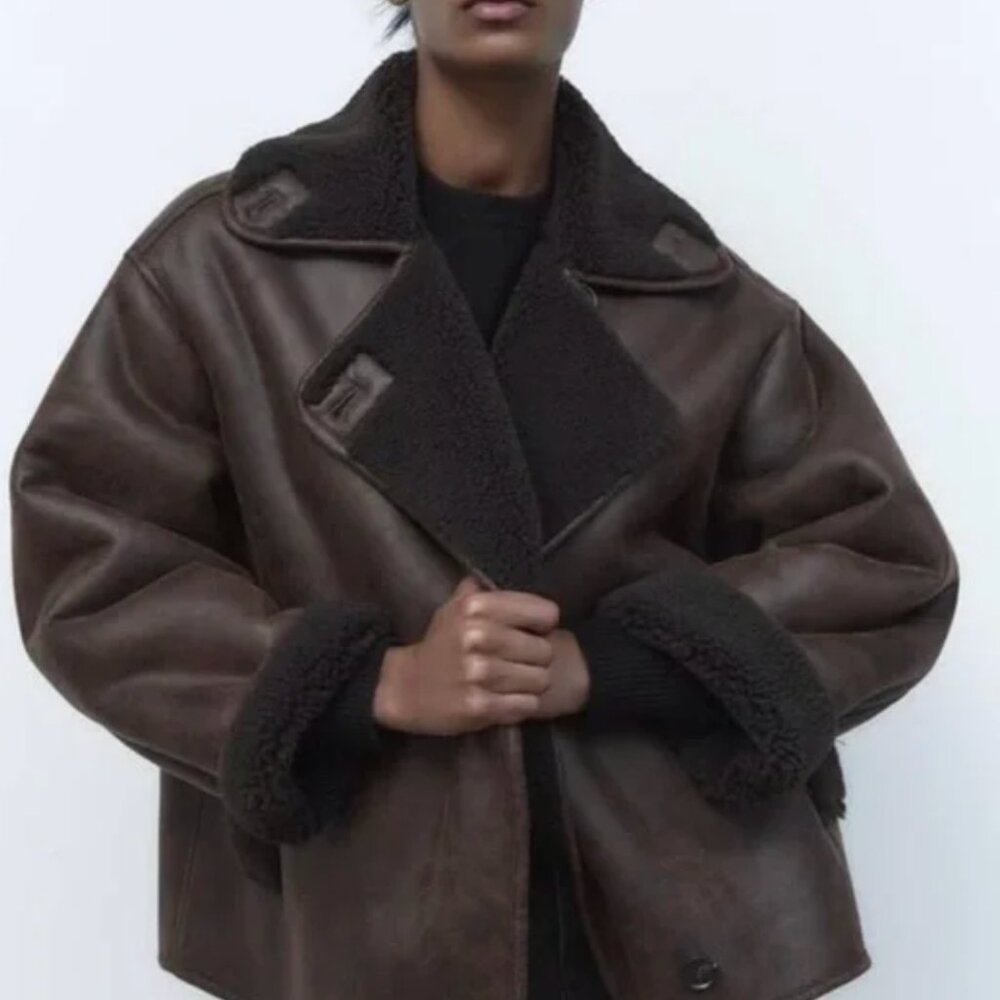 Zara Dark Brown Shearling Jacket Size M